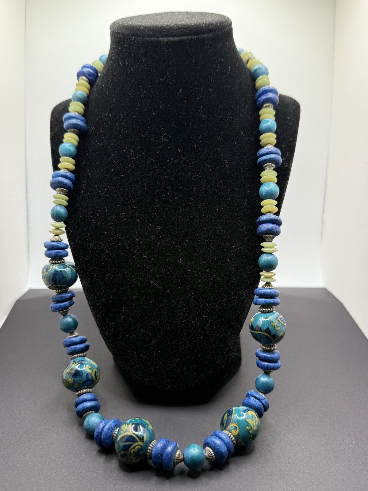 Vintage Beaded Necklace Teal Blue Ceramic Wood Barrel Closure 28” Handcrafted