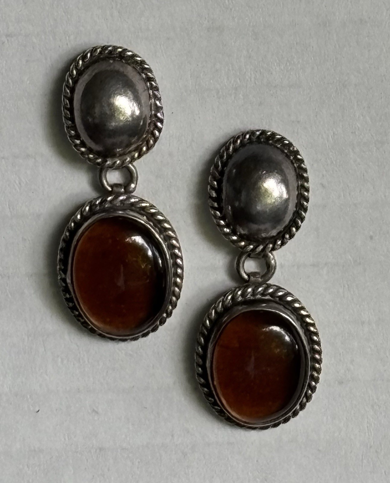 Vtg 925 Sterling Amber Cabochon 1-1/4” Dangle Drop Post Earrings Mexico 8g