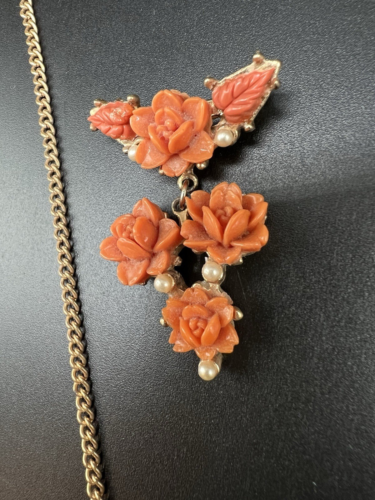 Art Deco Molded/Carved Peach Pink Floral Necklace & Matching Brooch