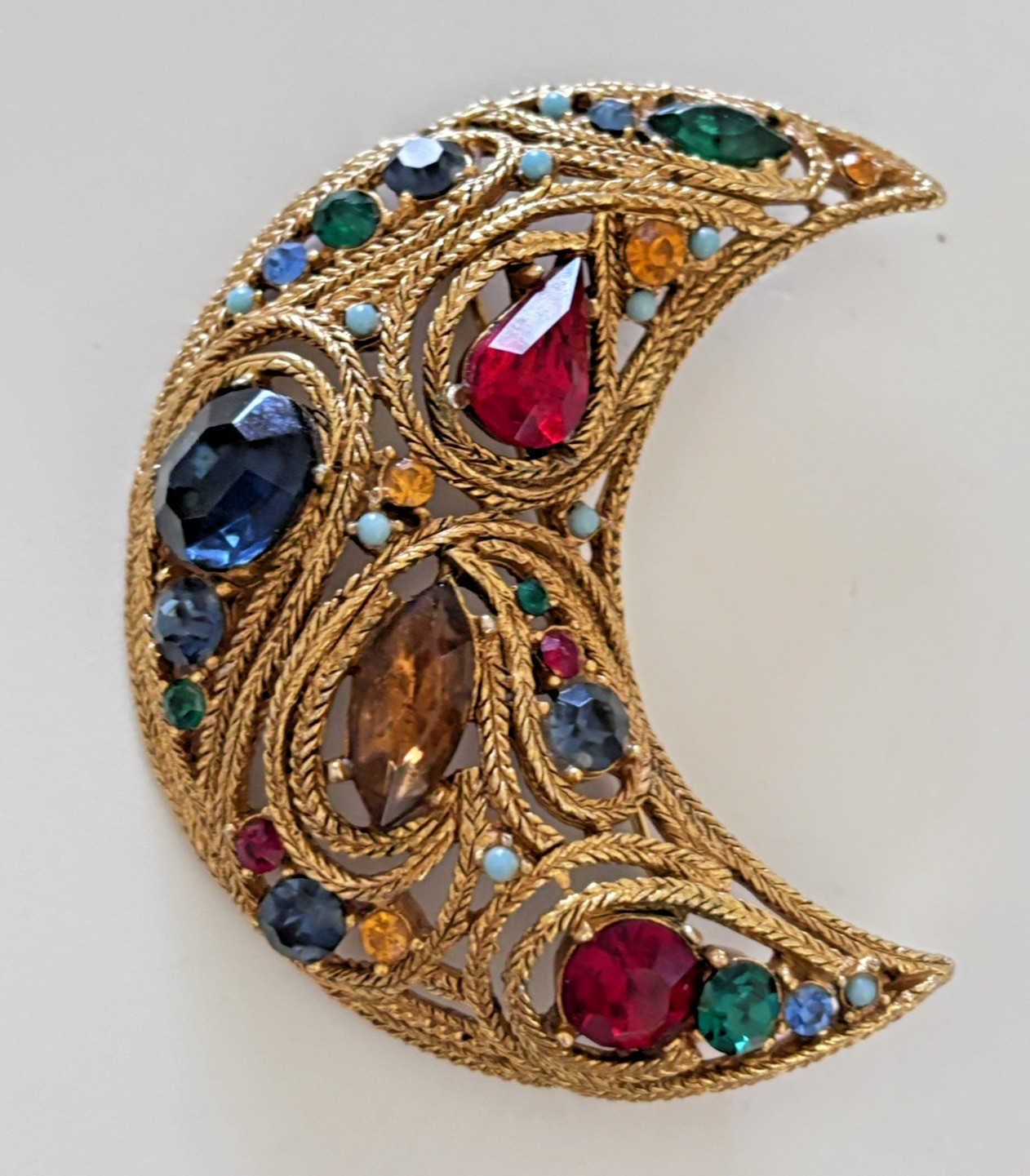LaRoco Attributed 1950s Moon Brooch Colorful Gold Tone Rhinestones Florenza?