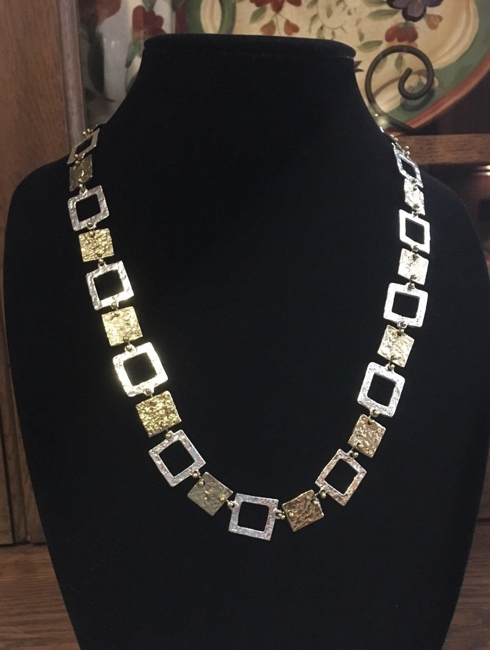 Vtg Anne Dick Brutalist Necklace Sterling Silver Brass Squares 23″ Modernist