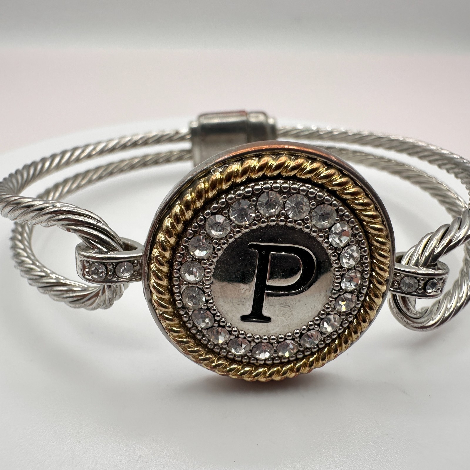 Vintage 90s Silver Tone Initial P Cable Bangle Bracelet Glass Accents Jewelry