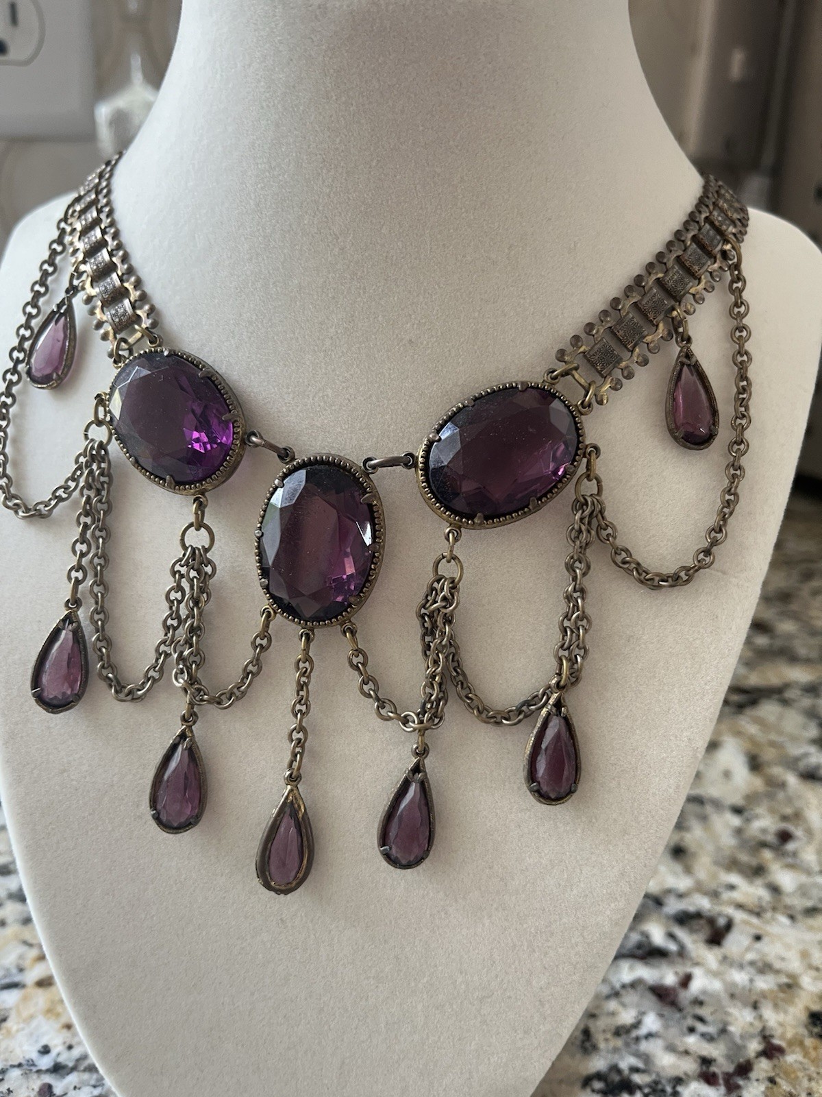 Amazing Antique Billowing Amethyst Colored Stones Bib Collar Necklace