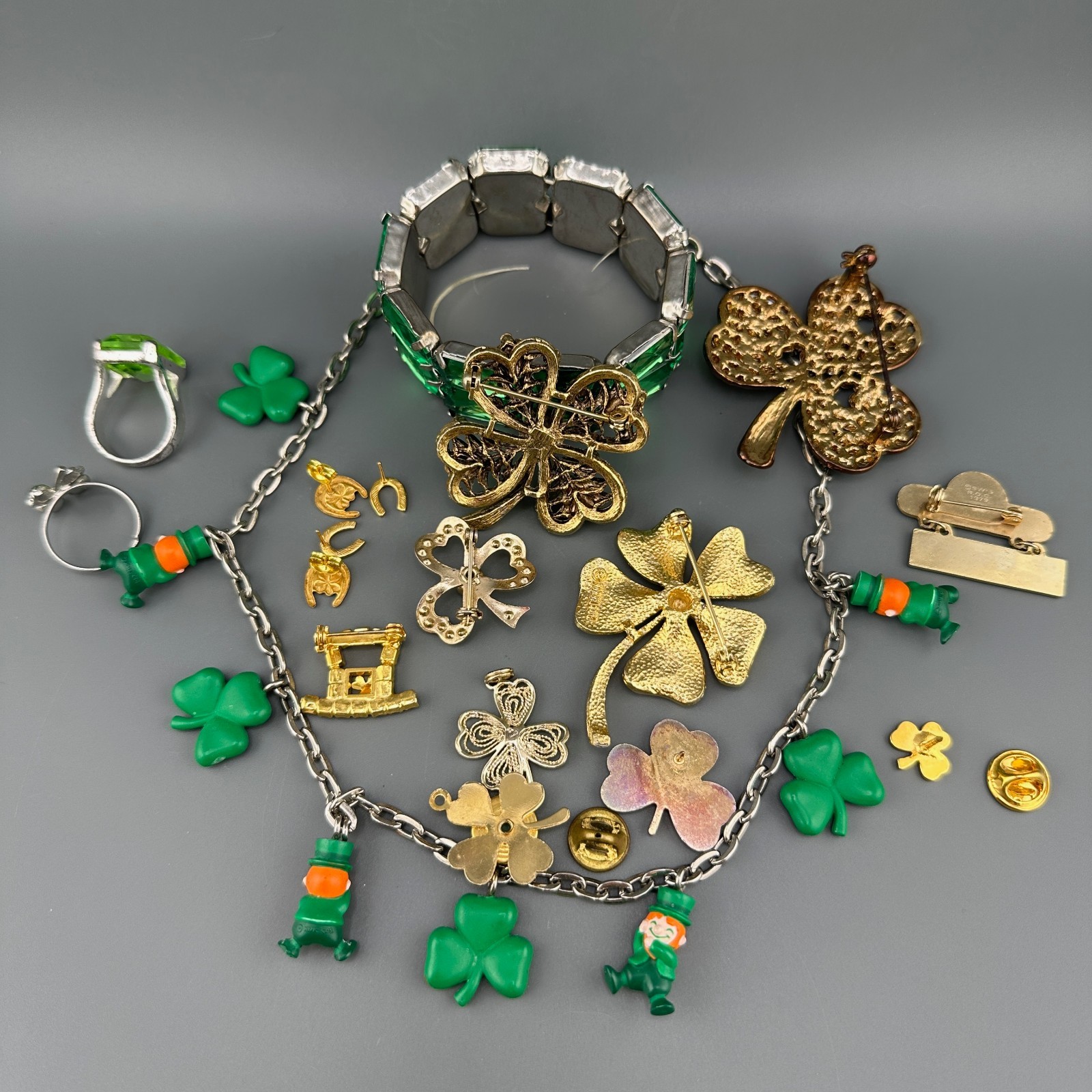 Vintage St. Patricks Day Jewelry Lot Shamrock Brooches Leprechaun Necklace Rings