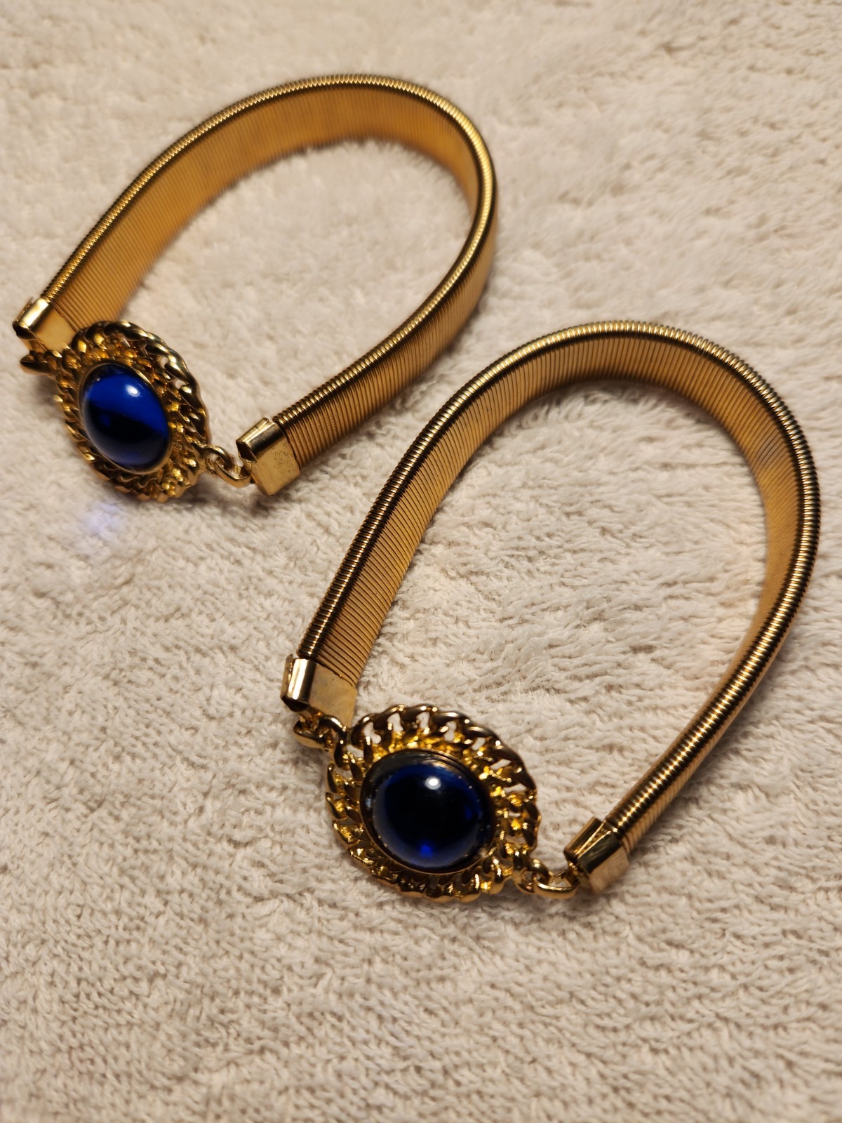 Vintage Gold Tone Arm Bands – Blue Cabochon Center, Textured Statement Upper Arm