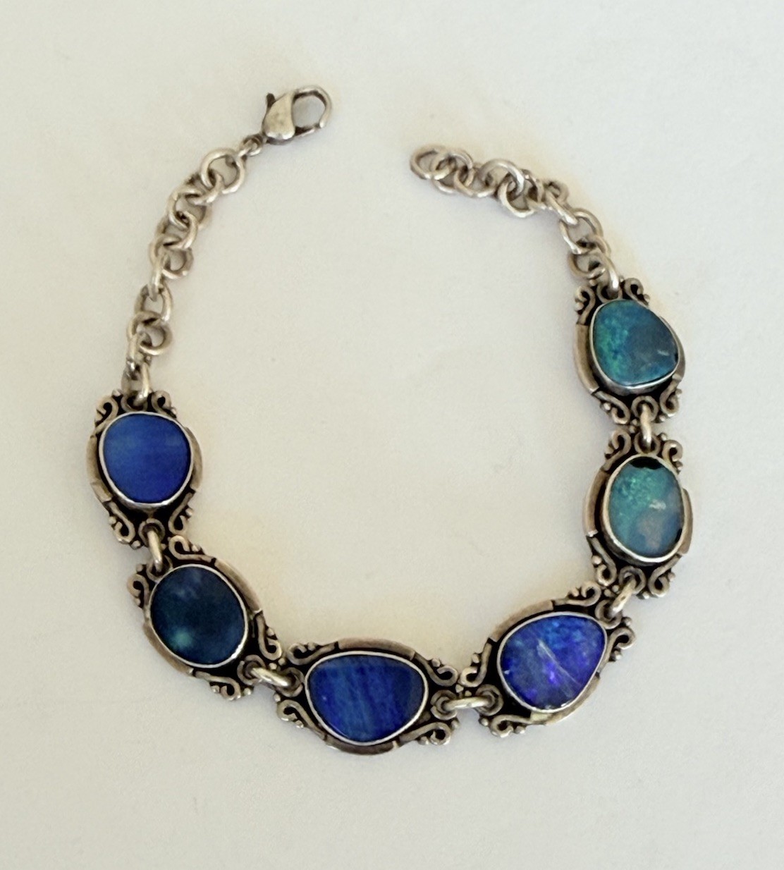 Vintage Sterling Silver Blue Australian Opal Link Bracelet 7”
