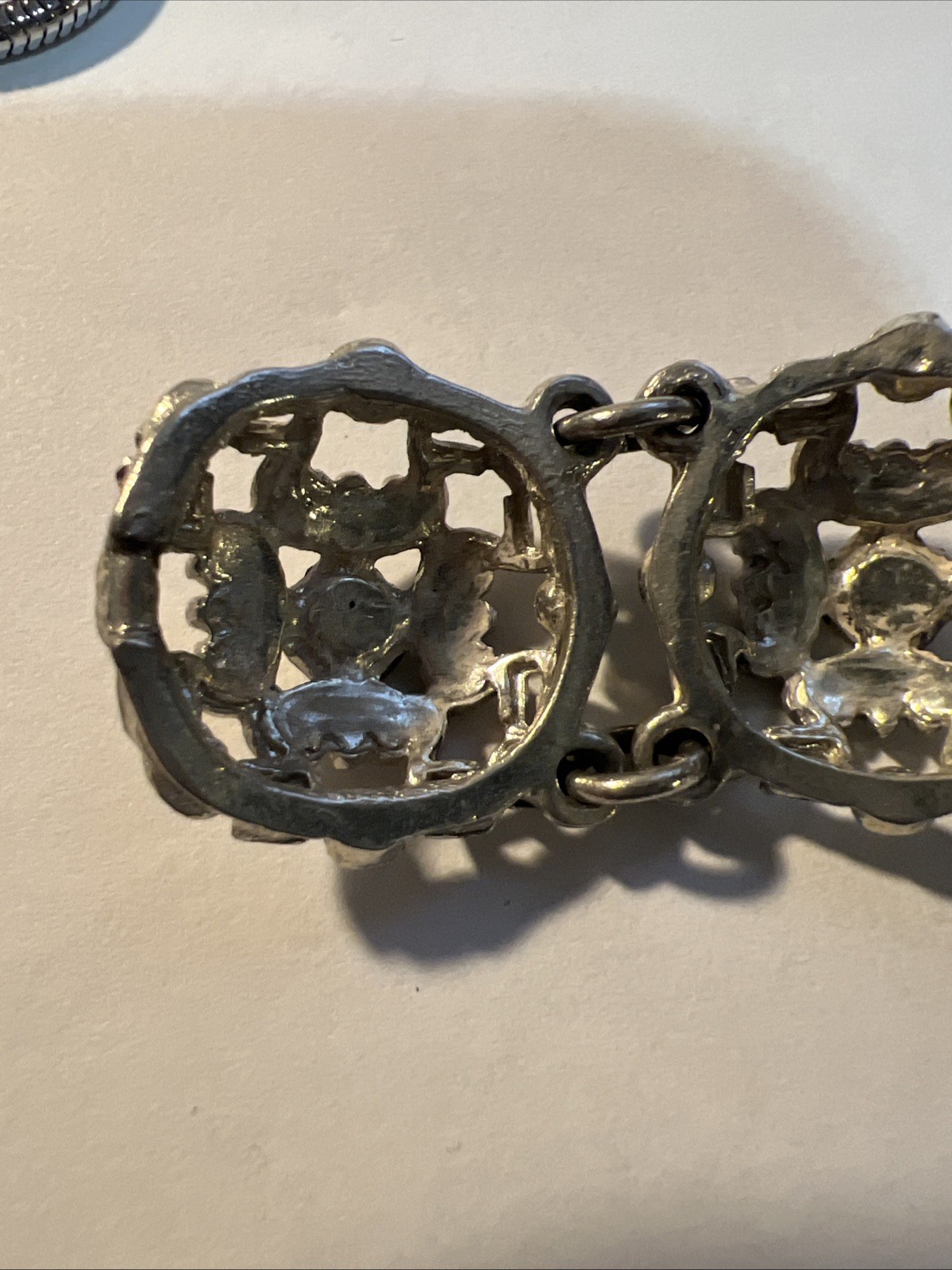 Vtg Antique Art Nouveau Panel Link Bracelet Silvertone Cast 7” Hook Clasp