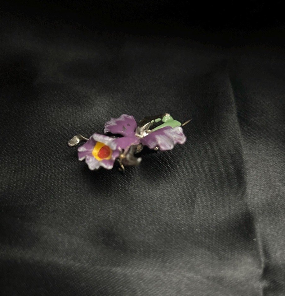 1920s Pot Metal Enamel Orchid Brooch | French Art Nouveau Purple Lavender Flower