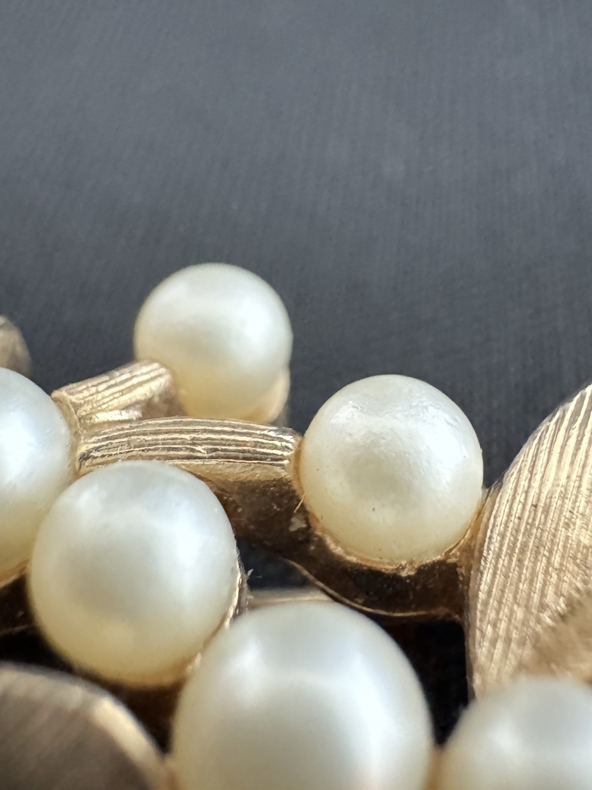 Vintage Crown Trifari Faux Pearl Berry Leaf Spray Brooch Gold Tone Textured Pin