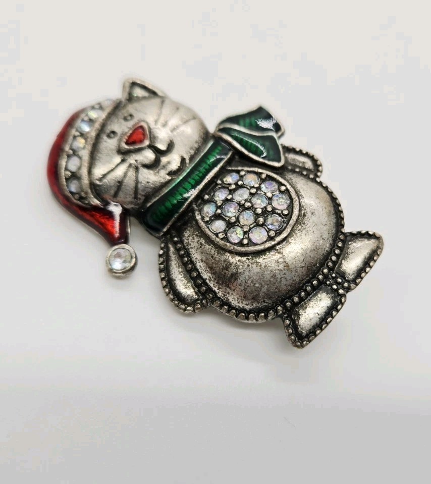 Christmas Cat Brooch Signed TC Vintage Pewter Finish Enamel Crystal Kitty Pin
