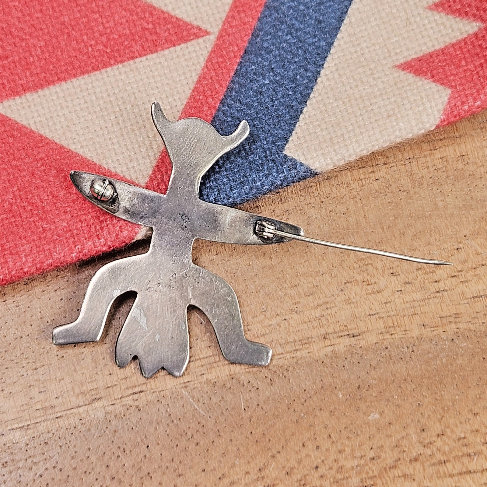 Old Pawn Navajo Cast Sterling Silver Horned Man Bird Figural Brooch Pin, c.1950s