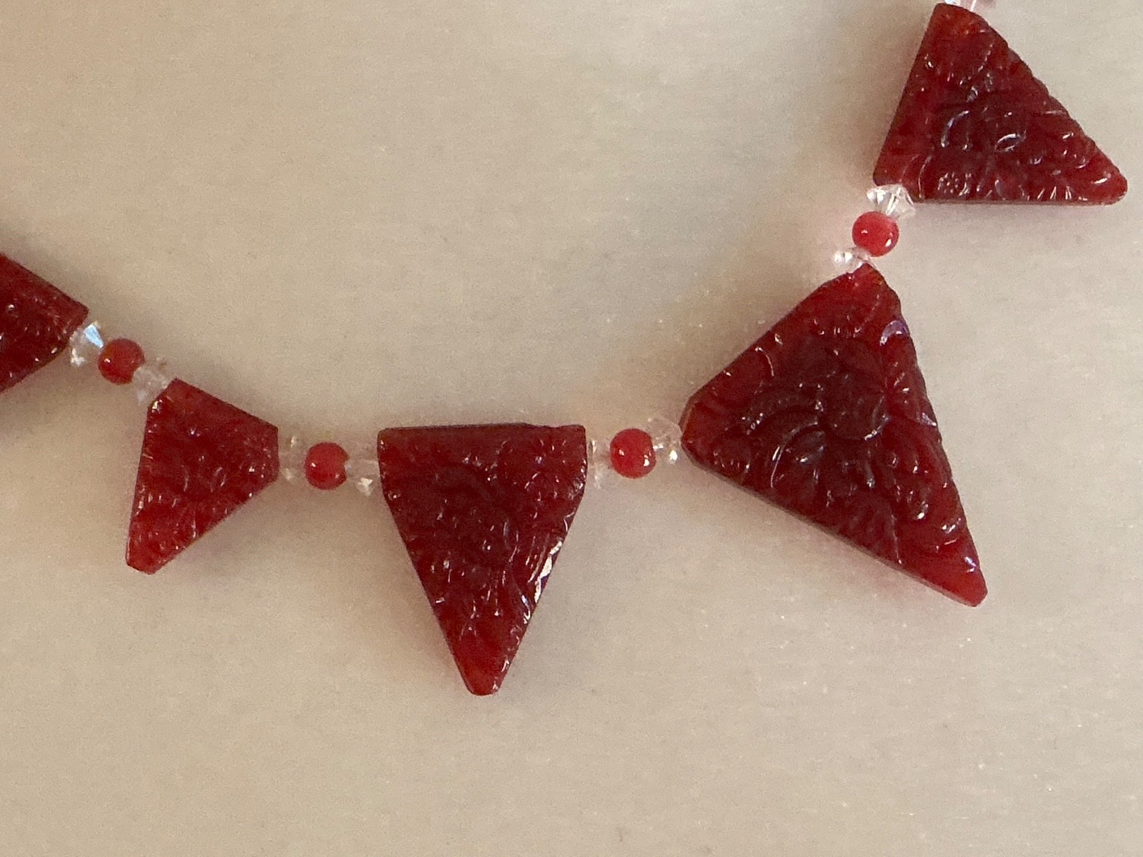Art Deco Red Carved Triangles Crystal Accent Necklace 18″