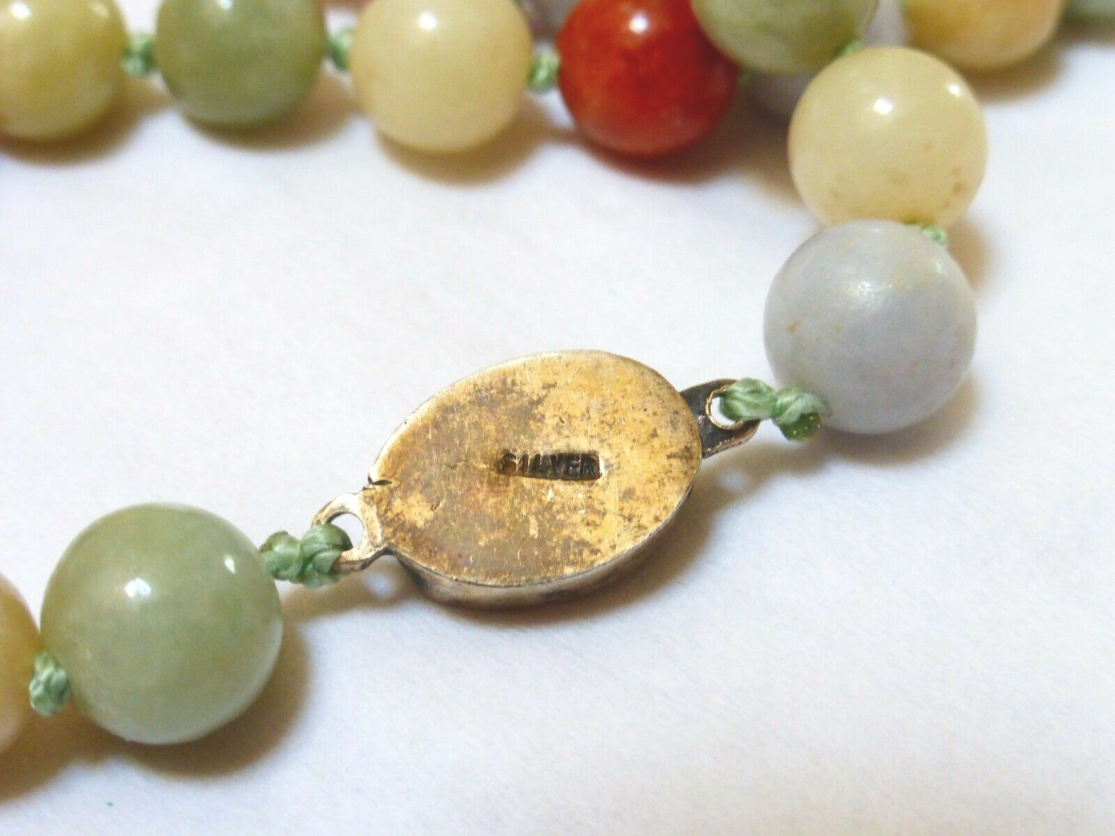 Vintage Chinese Multi-Color Jade 9mm Beads Necklace Pendant, Silver Clasp, 25″
