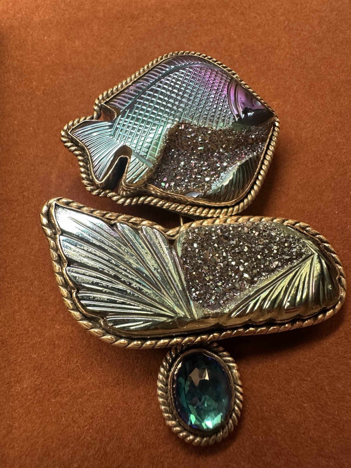 Amy Kahn Russell Ring Sterling Blue Druzy Fish Quartz Carved 925 Brooch/Pin