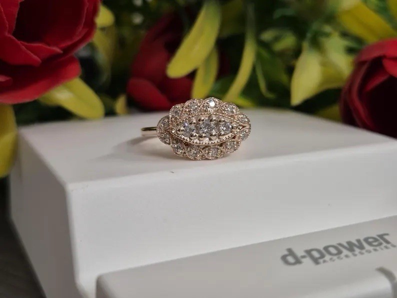 Vintage Round Cut Moissanite Cluster Ring Art Deco Style Gold FN Elegant Jewelry