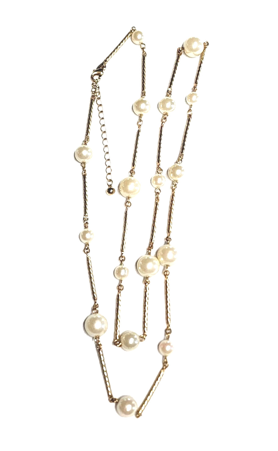 VTG AVON SH Gold Tone Twisted Bar Link & Cream White Faux Pearl Station Necklace