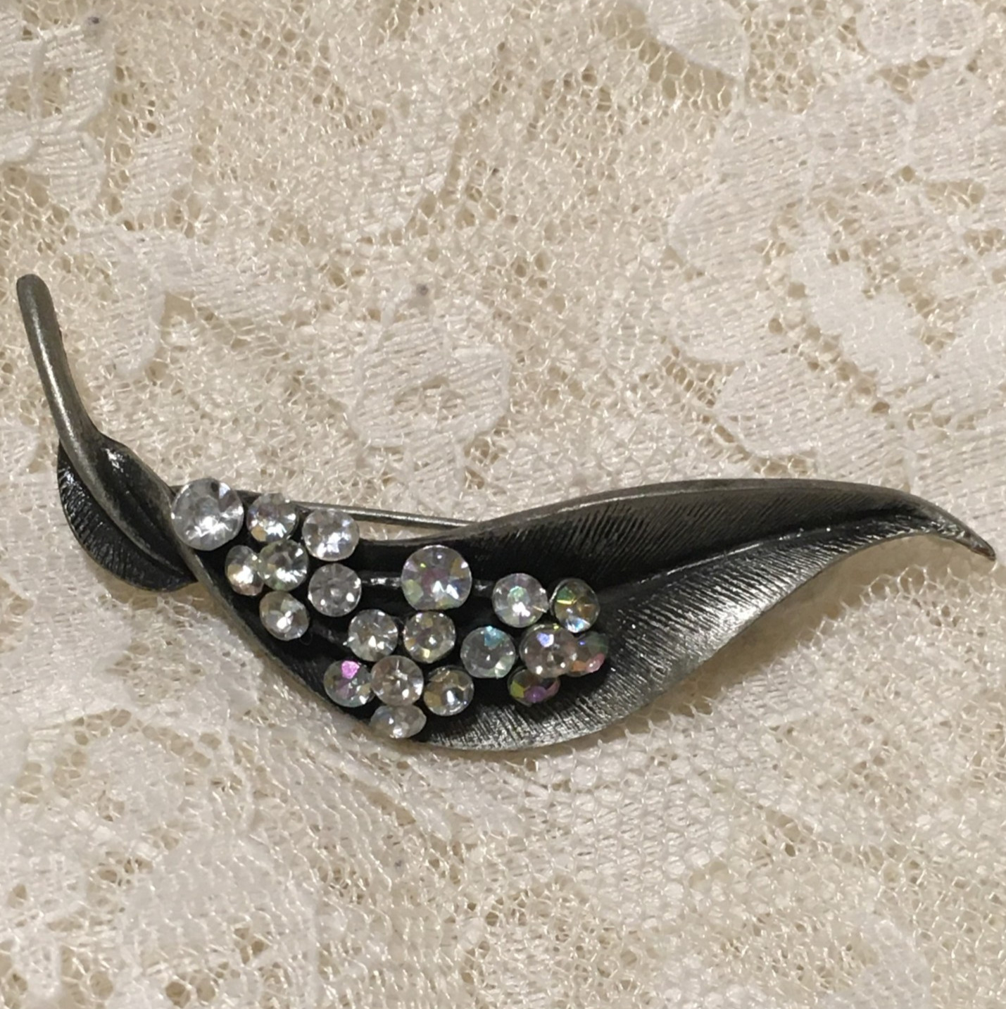 Vintage Rhinestone Brooch Pewter Leaf Shape AB Stones Spring Garden party Elegan