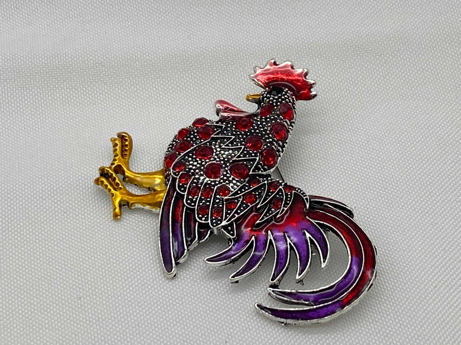 Silver Tone Purple & Rooster with Gold Tone Feet Fashion Pin 2.25