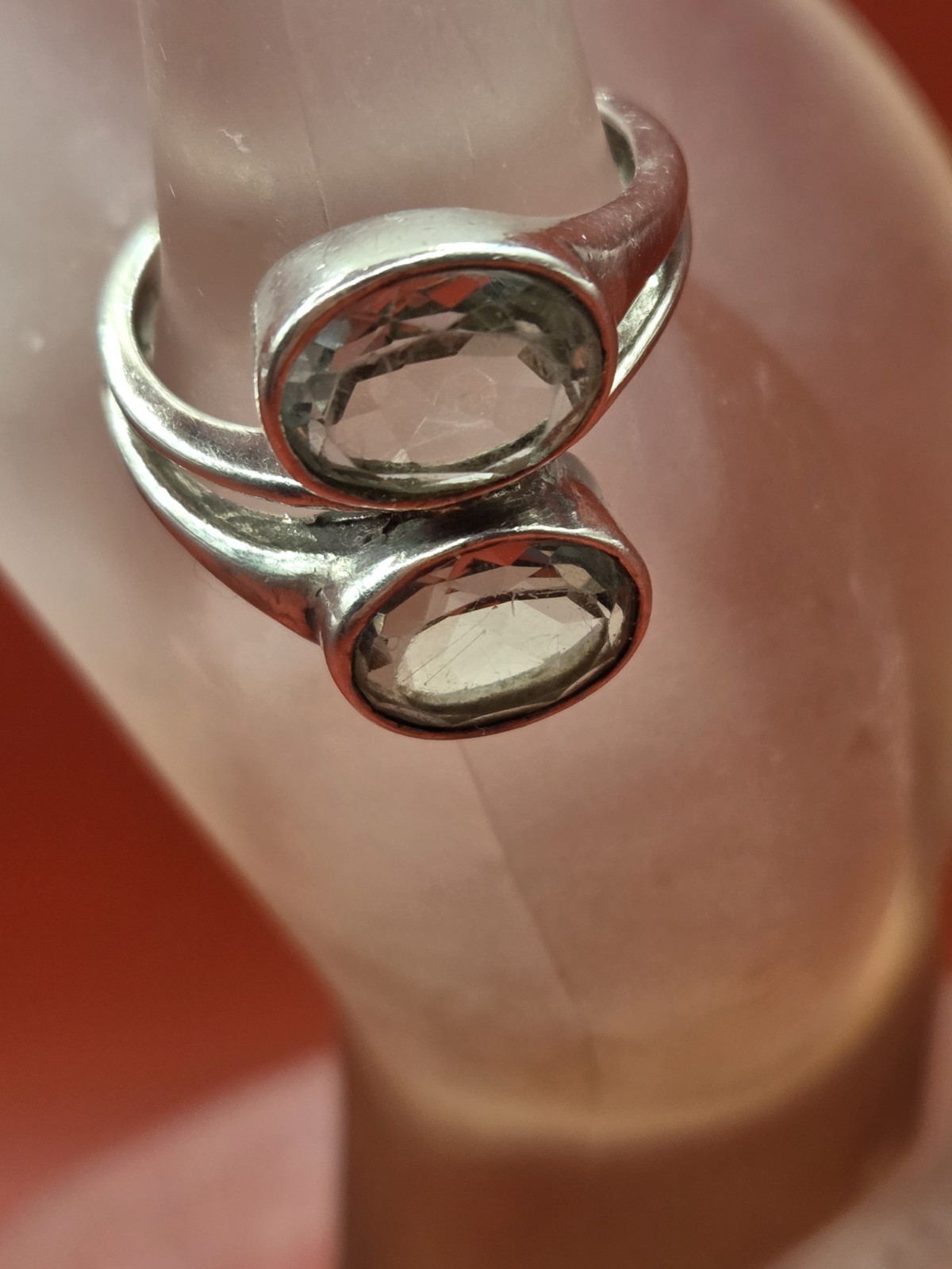 Vintage Bypass Oval Cut Stones Quartz? White Topaz? Bezel Mounts Ring 925 Sz 10