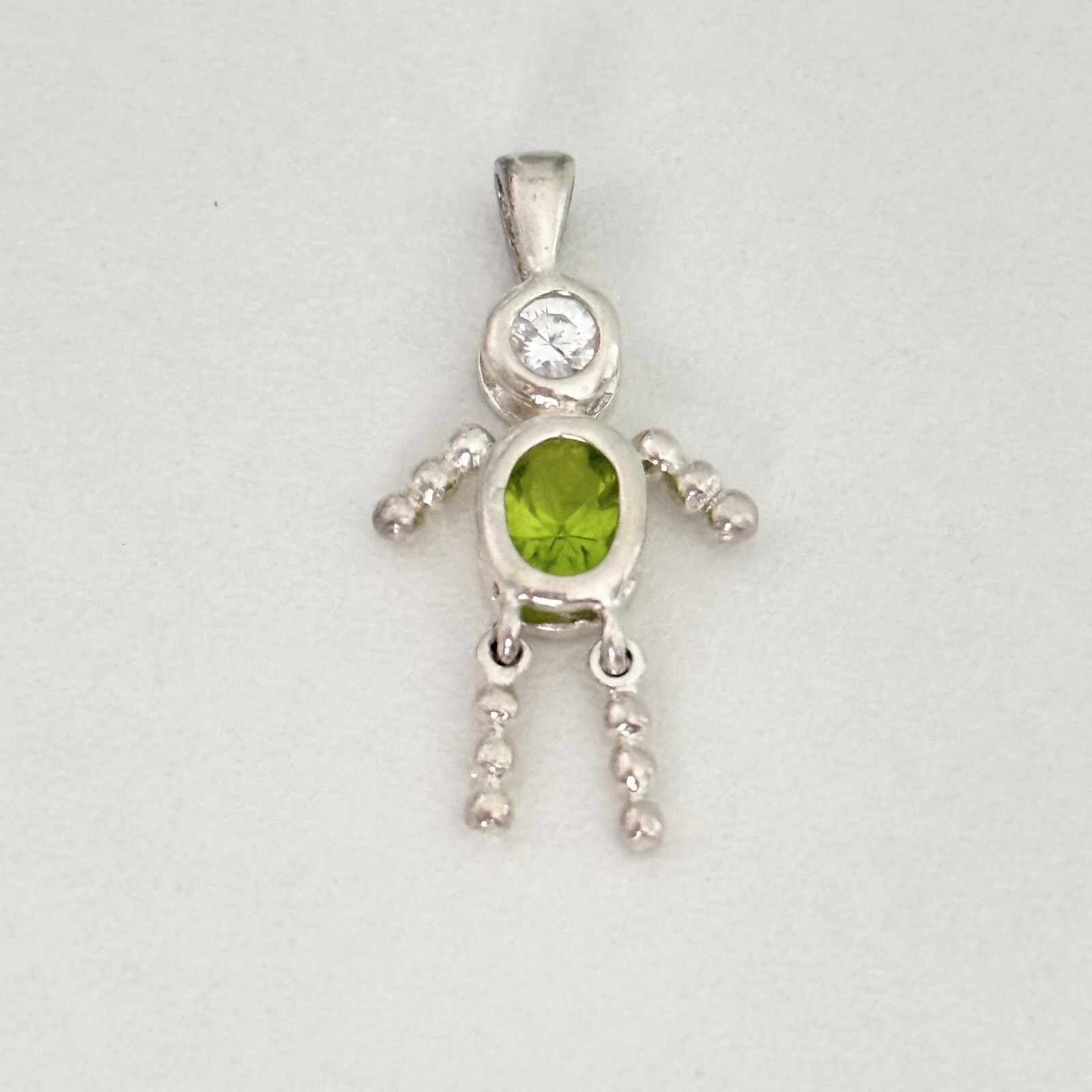 Vintage 925 Sterling Silver Green CZ Movable Stick Figure Person Charm Pendant