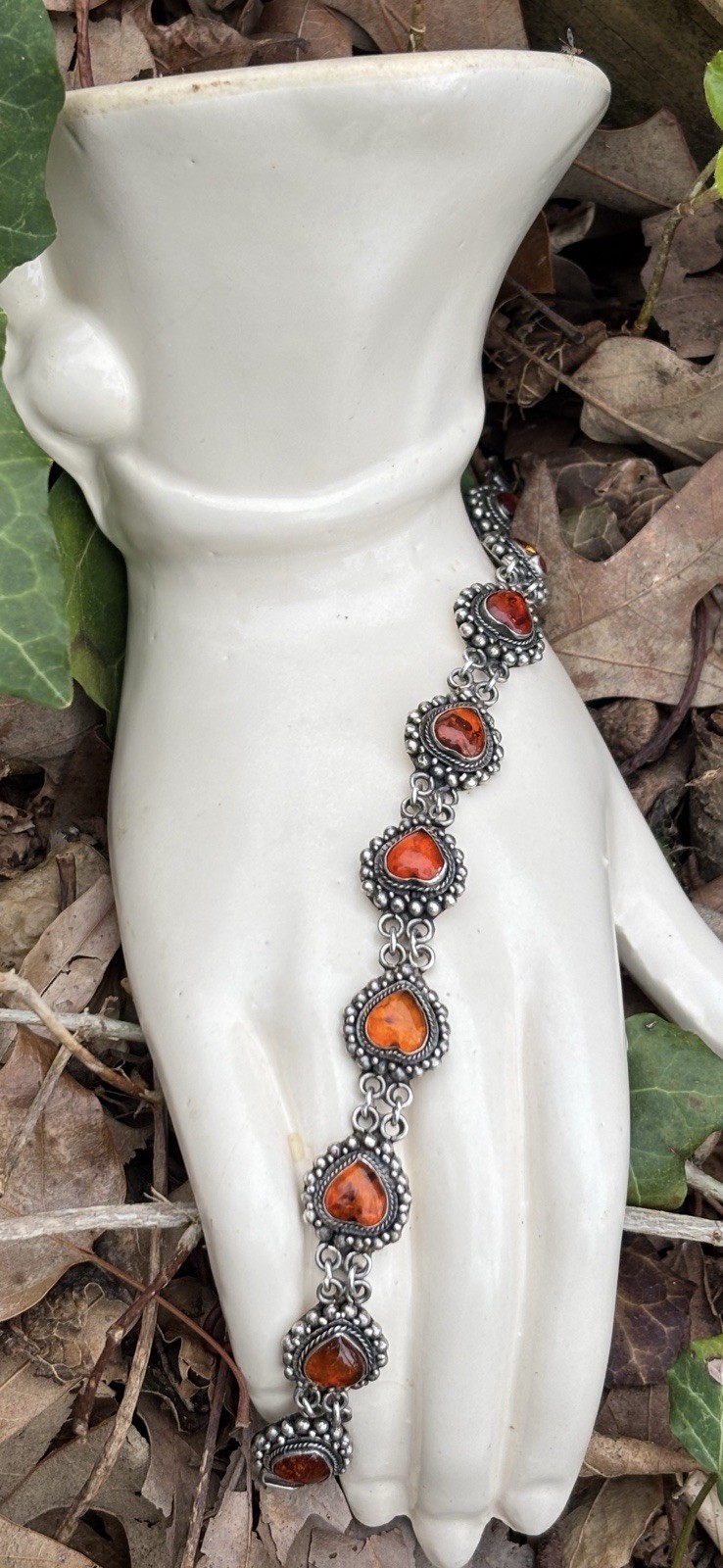 Amber Hearts & Sterling Silver Link Chain Vintage Bracelet 8 In HEAVY 23.5 G