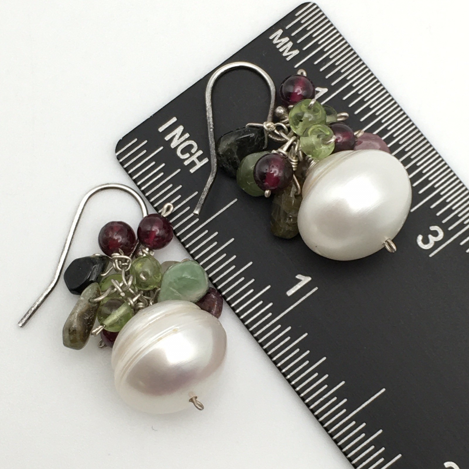 Vintage Sterling Silver Pearl Garnet Green Stone Hook Dangle Earrings 925 8g #92