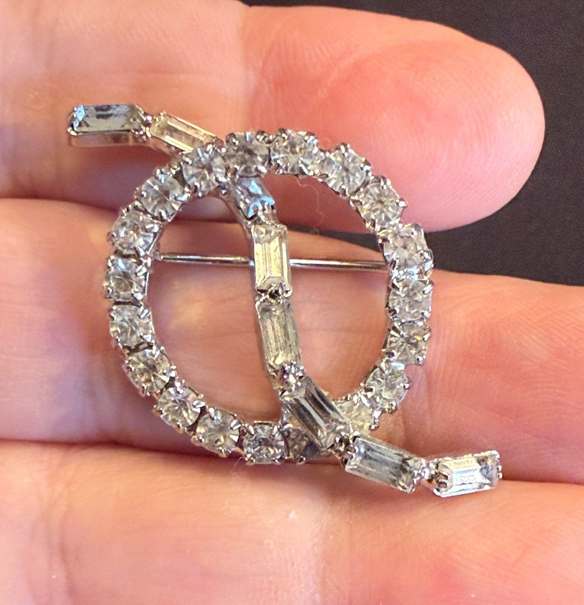Vintage Clear Rhinestone Lapel Pin Brooch Simple Modernist Design Unisex