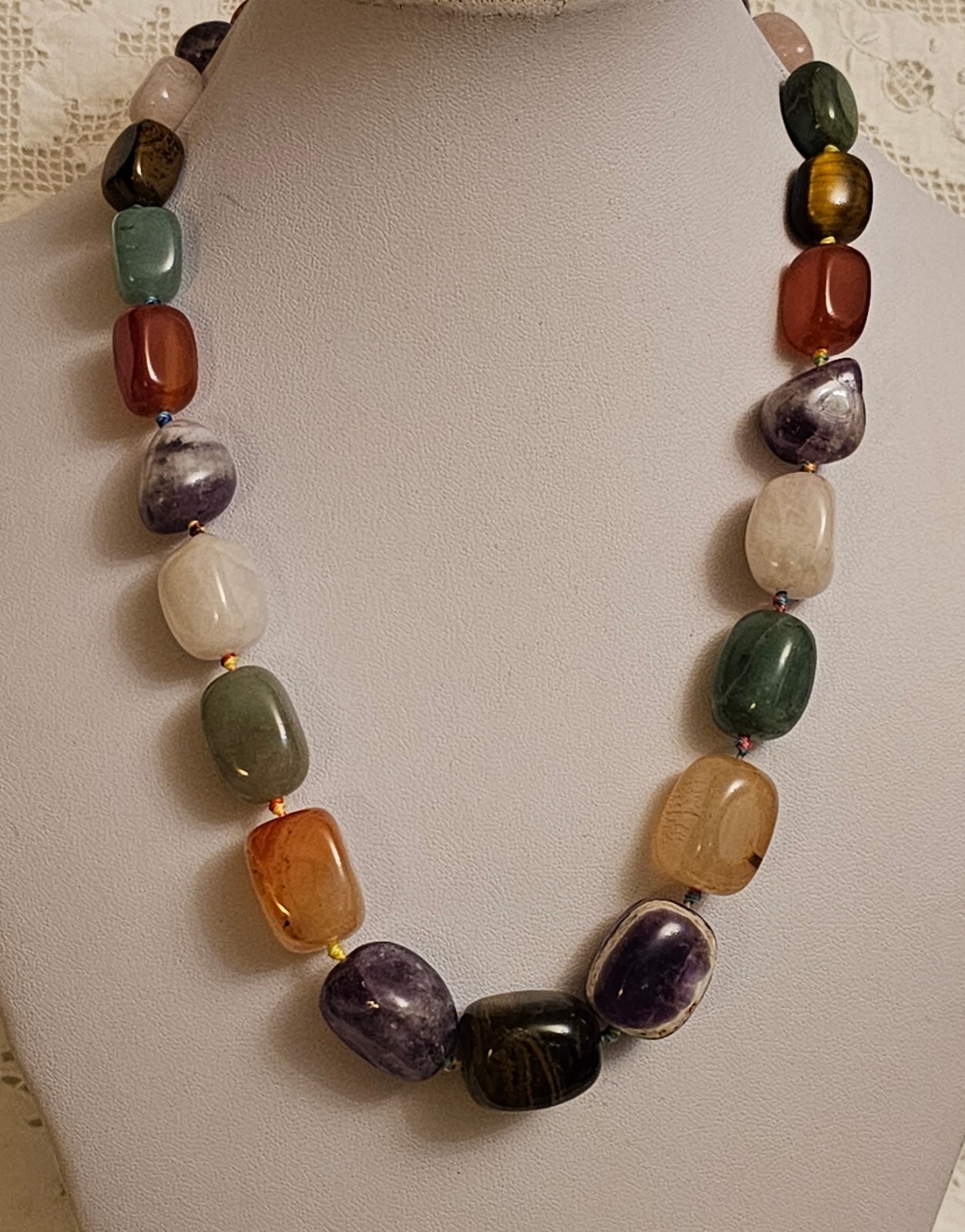 Vintage Natural Carnelian Agate Jade Aventurine Tiger’s Eye Bead Necklace