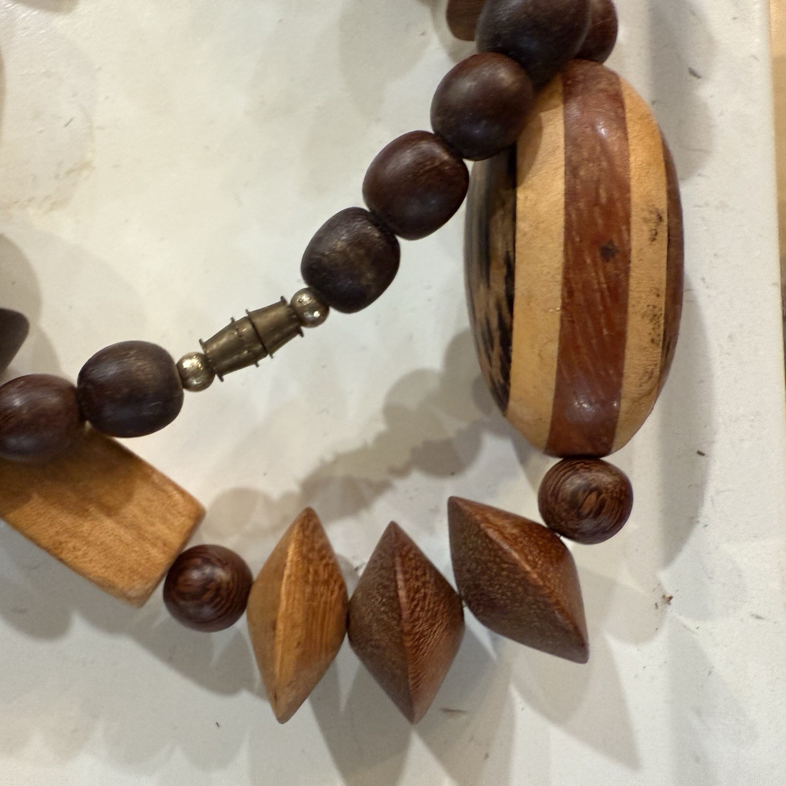 Vintage Carved Wood Beaded Necklace Bohemian Chunky Statement Barrel Clasp 27”