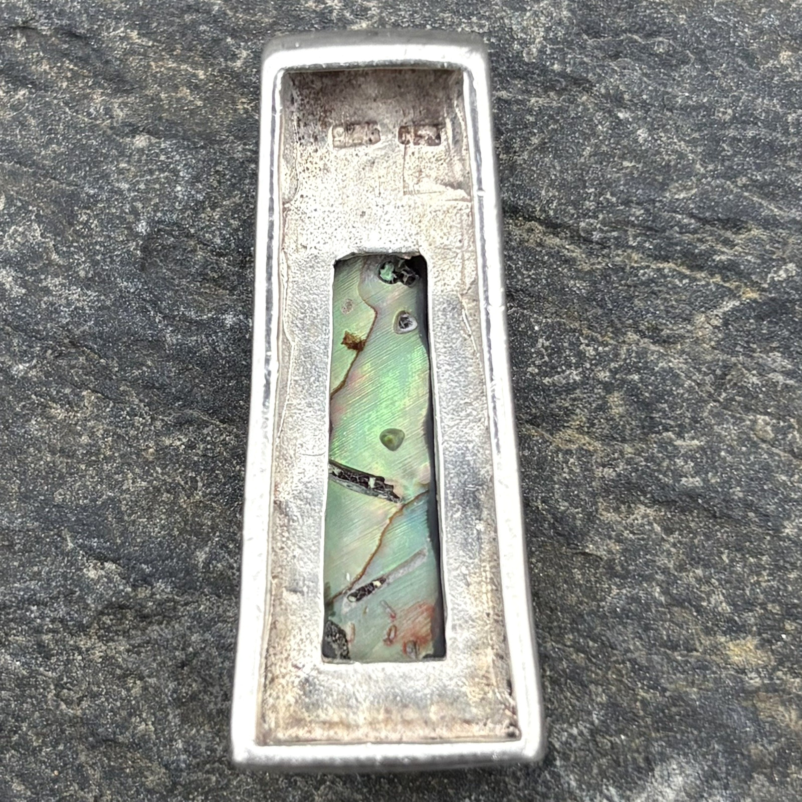 Vtg Sterling Silver Abalone Paua Shell Rectangle Bar Drop Modernist Pendant RARE