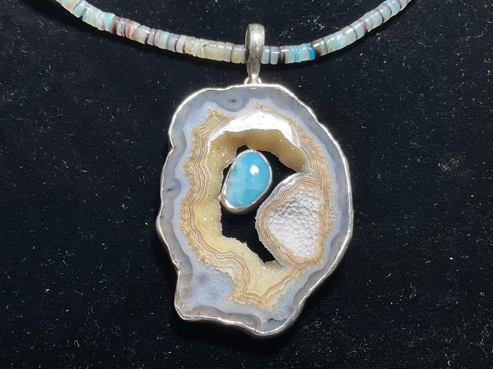 Unique Retro Large Sterling Silver Geode Slice Pendant Necklace