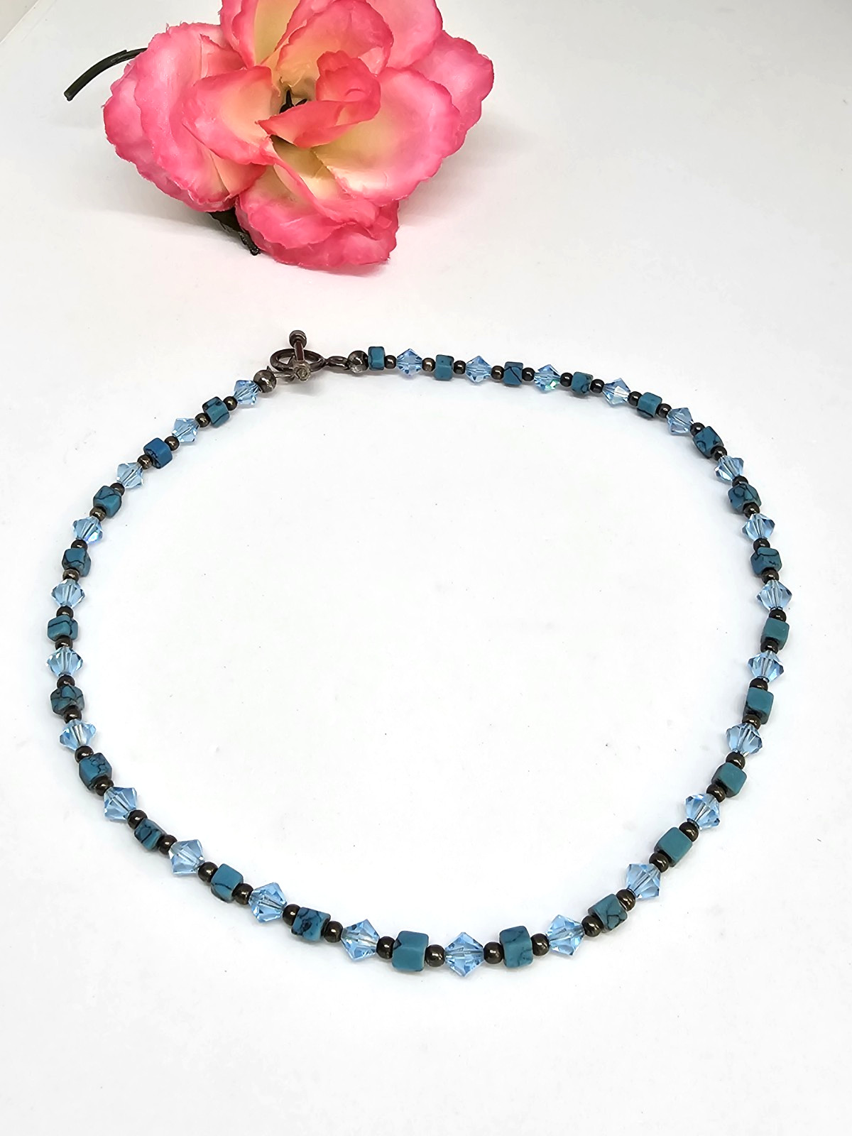 Blue Crystal & Howlite Stone Beaded Choker Necklace 925 Sterling Silver Clasp
