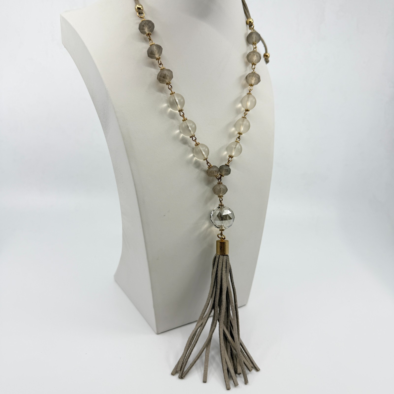 Vintage Boho Suede Tassel Pendant Necklace Gray Glass Beaded Long Statement