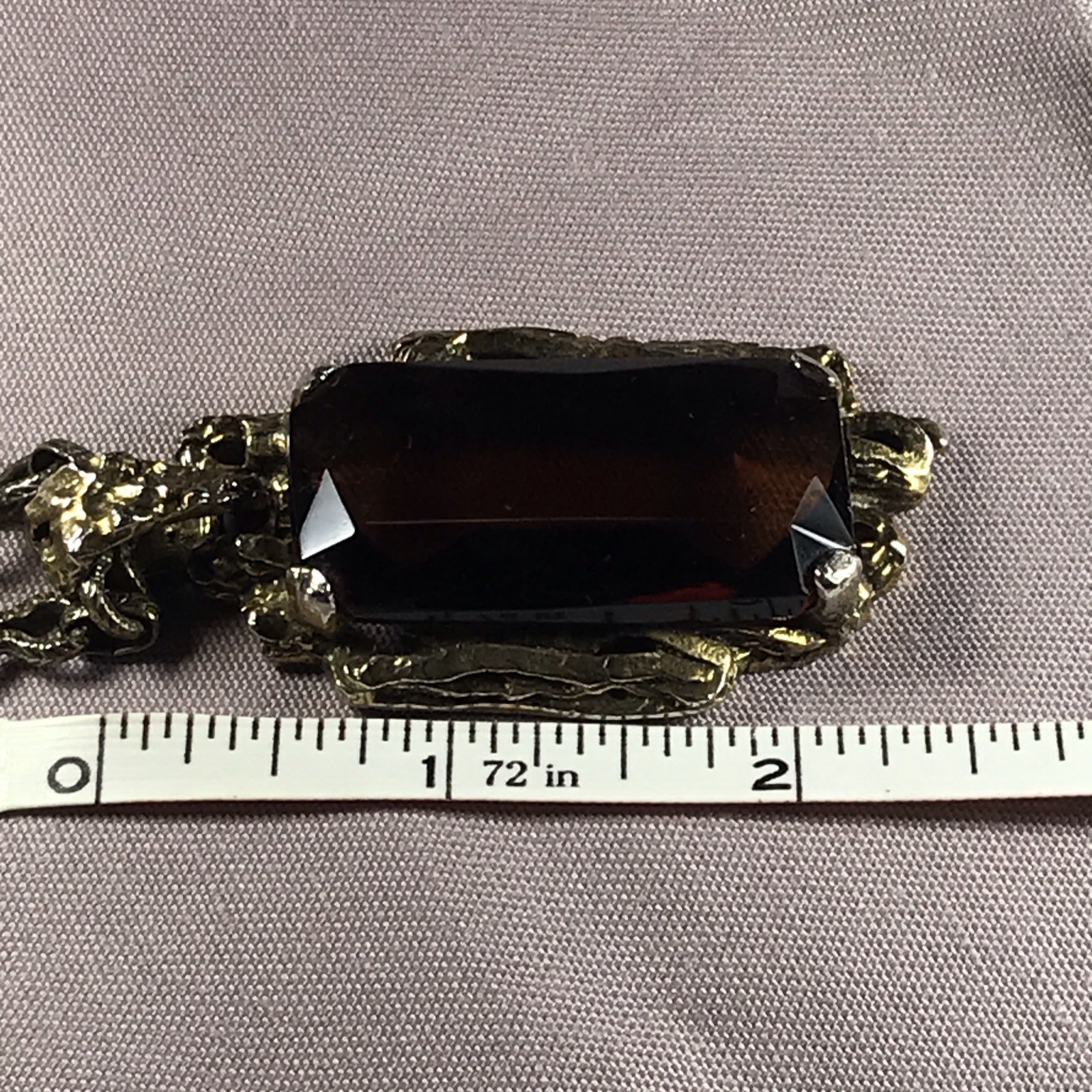 VTG. Art Deco ZENTALL Amber Glass Pendant Necklace Ornate Gold Tone Chain