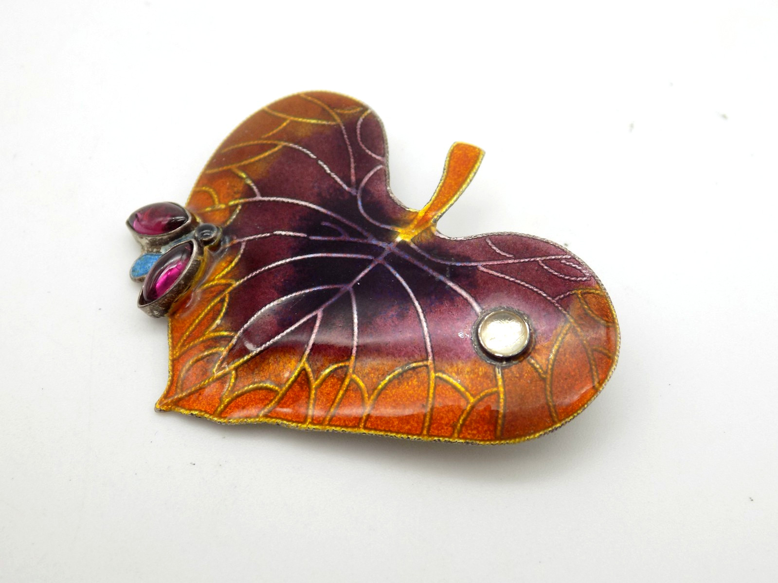 Artisan Sterling Silver Purple Orange Enamel Leaf Brooch Amethyst Bug