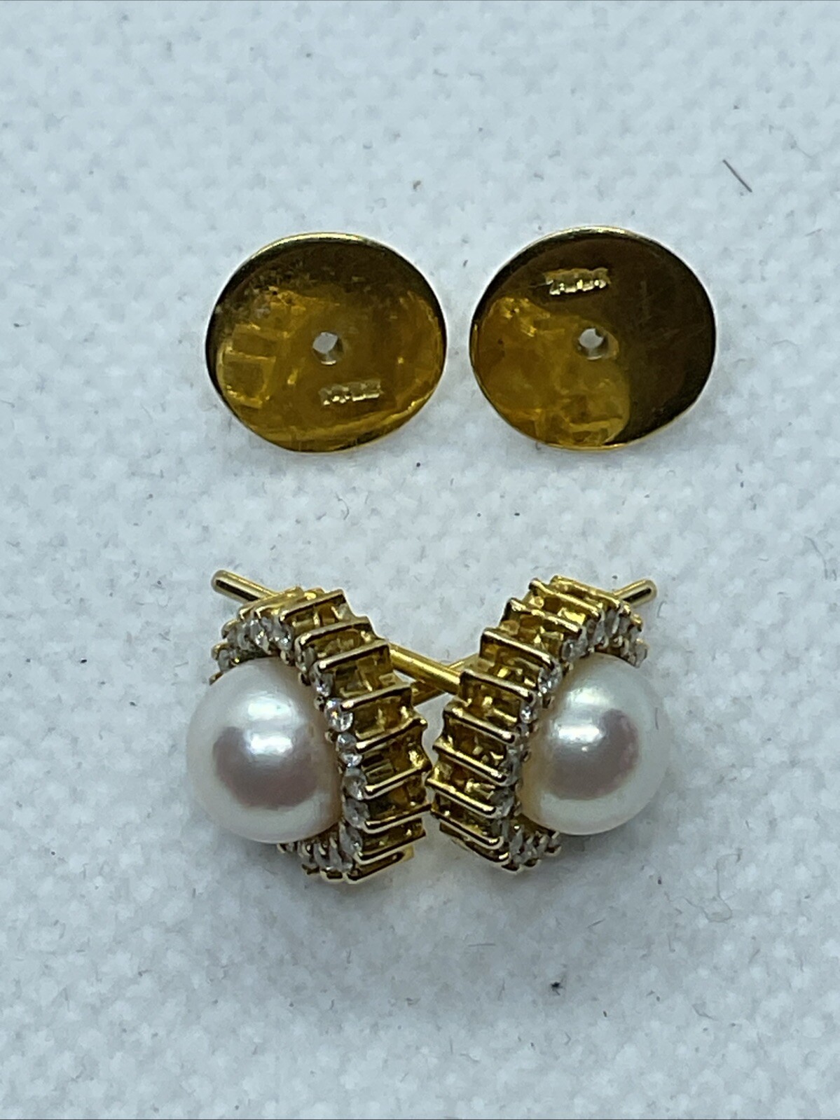 VINTAGE HANDMADE Solid 12K Yellow Gold Pearl & Diamond HALO Style STUD Earrings
