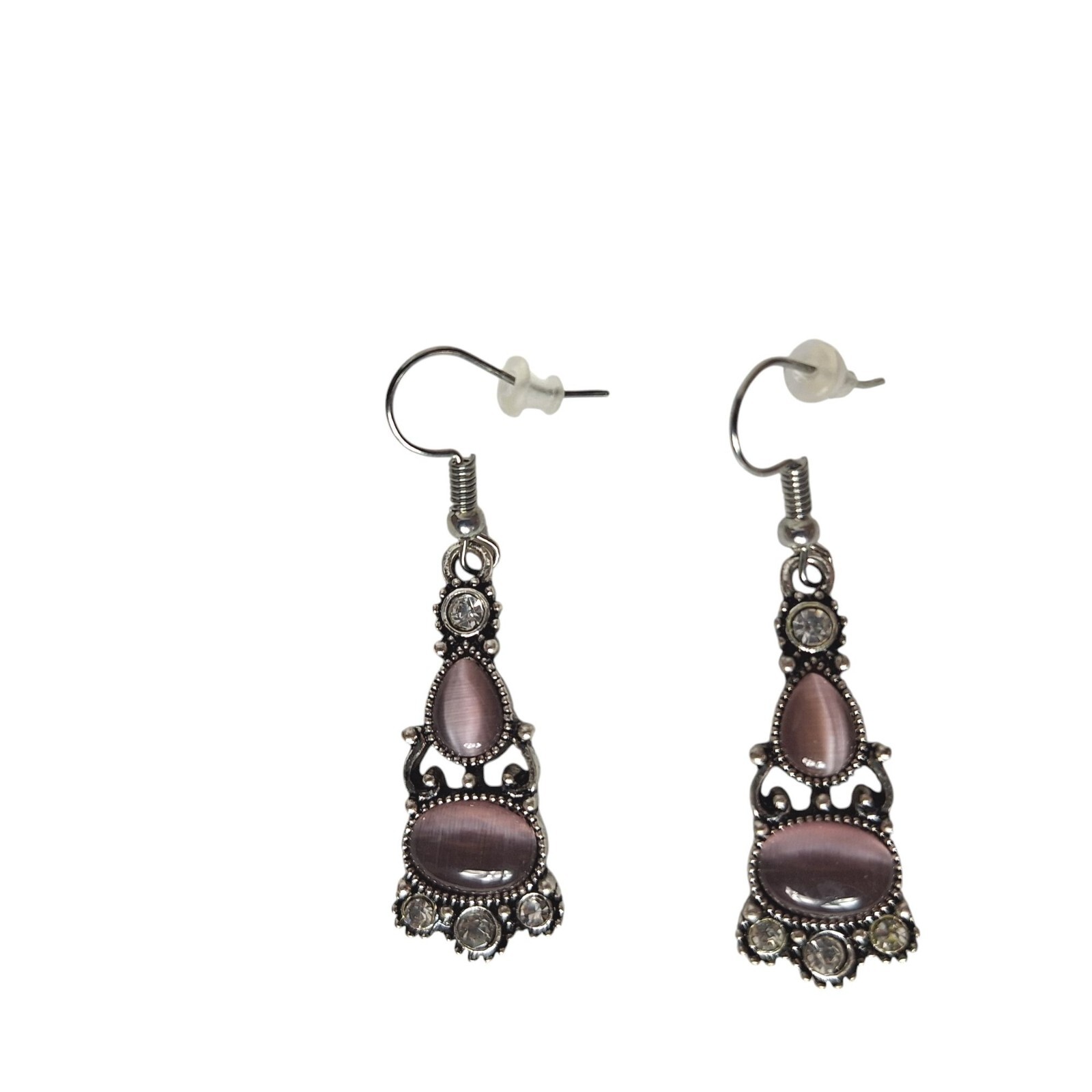 Vintage-Style Silver-Tone Dangle Earrings With Pink Cats Eye Stones & Crystal Ac