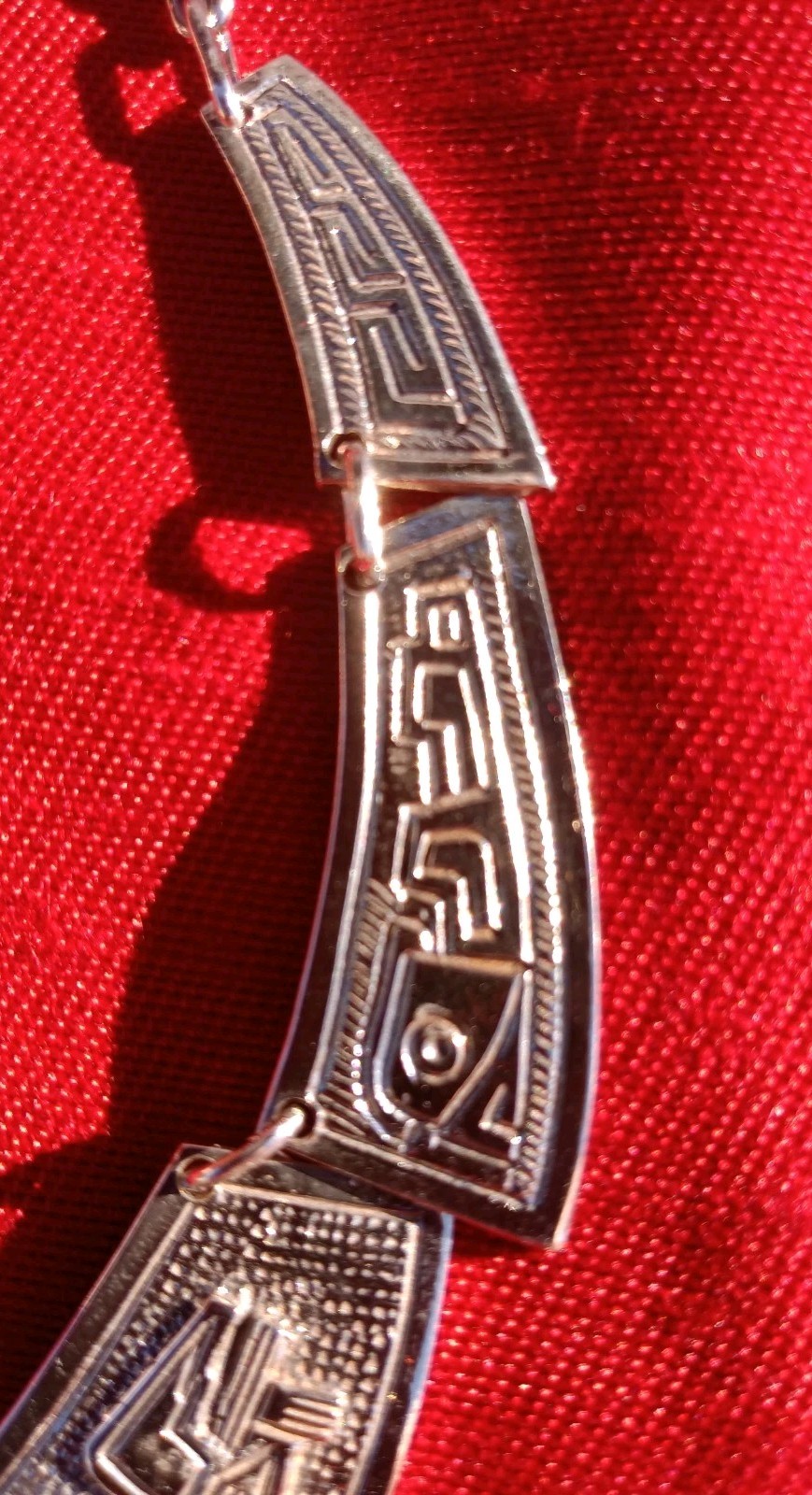 Large 64g 900 Silver Inca Dangle Pendant Necklace Handcrafted Tribal Pattern.