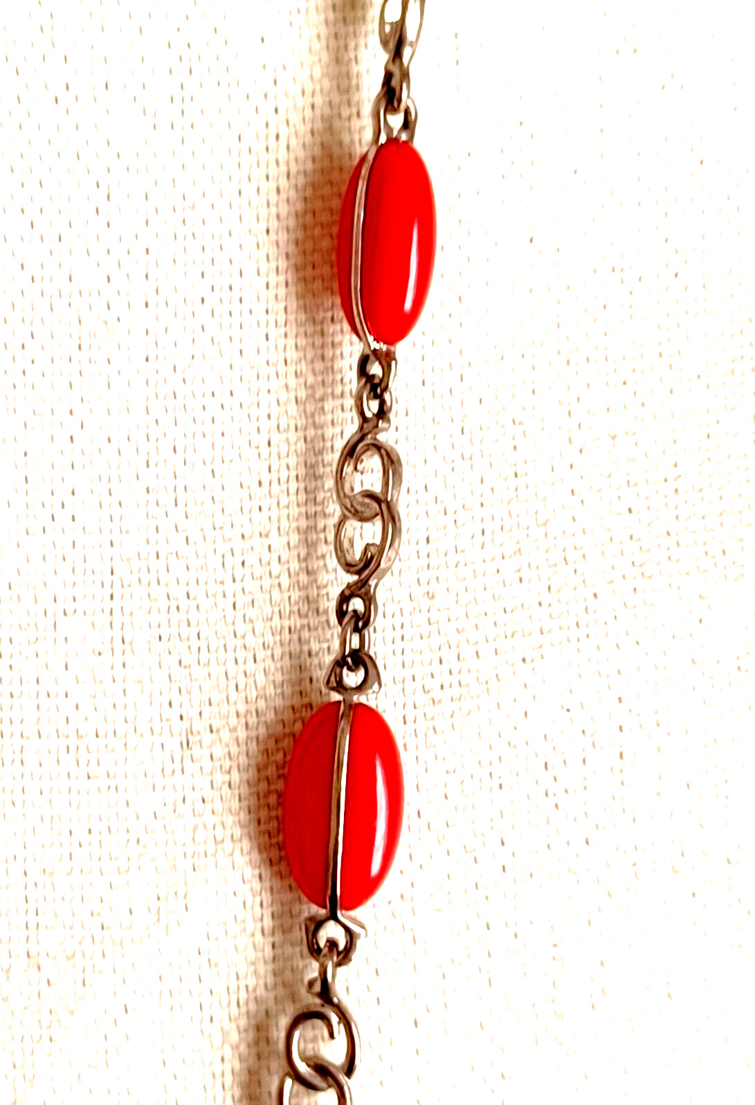 Necklace Station Red Oval Acrylic Accent Beads Silver Tone Chain Vintage 34″