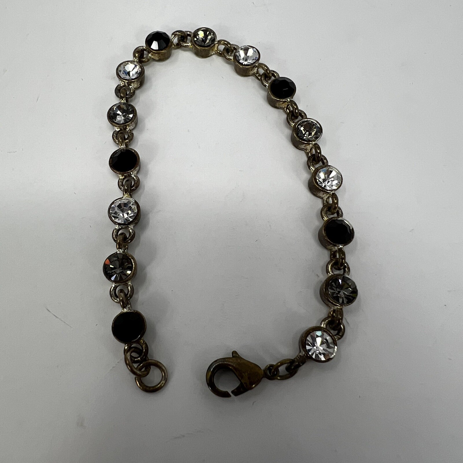 VTG Bracelet 7” Black Clear and Gray Rhinestones Brushed Antiqued Silver SEE