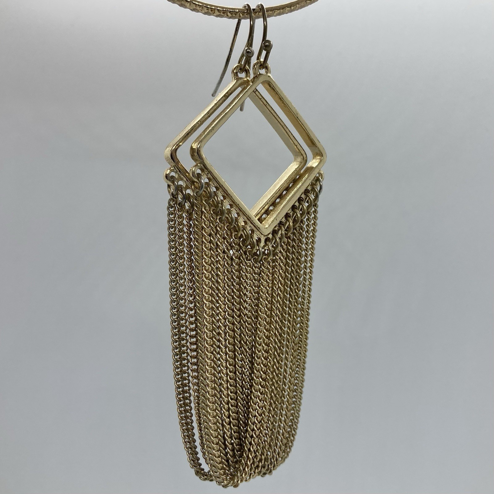 Vtg Fringe Chain Dangle Statement Earrings Gold Tn Hook Long Hoops