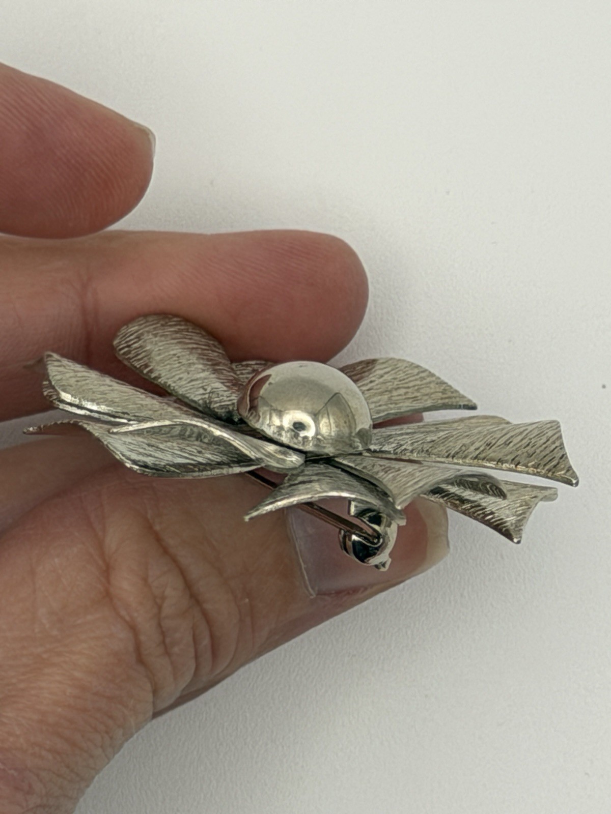 Vintage Silver Tone Pinwheel Flower Brooch Textured Modernist Auction Find
