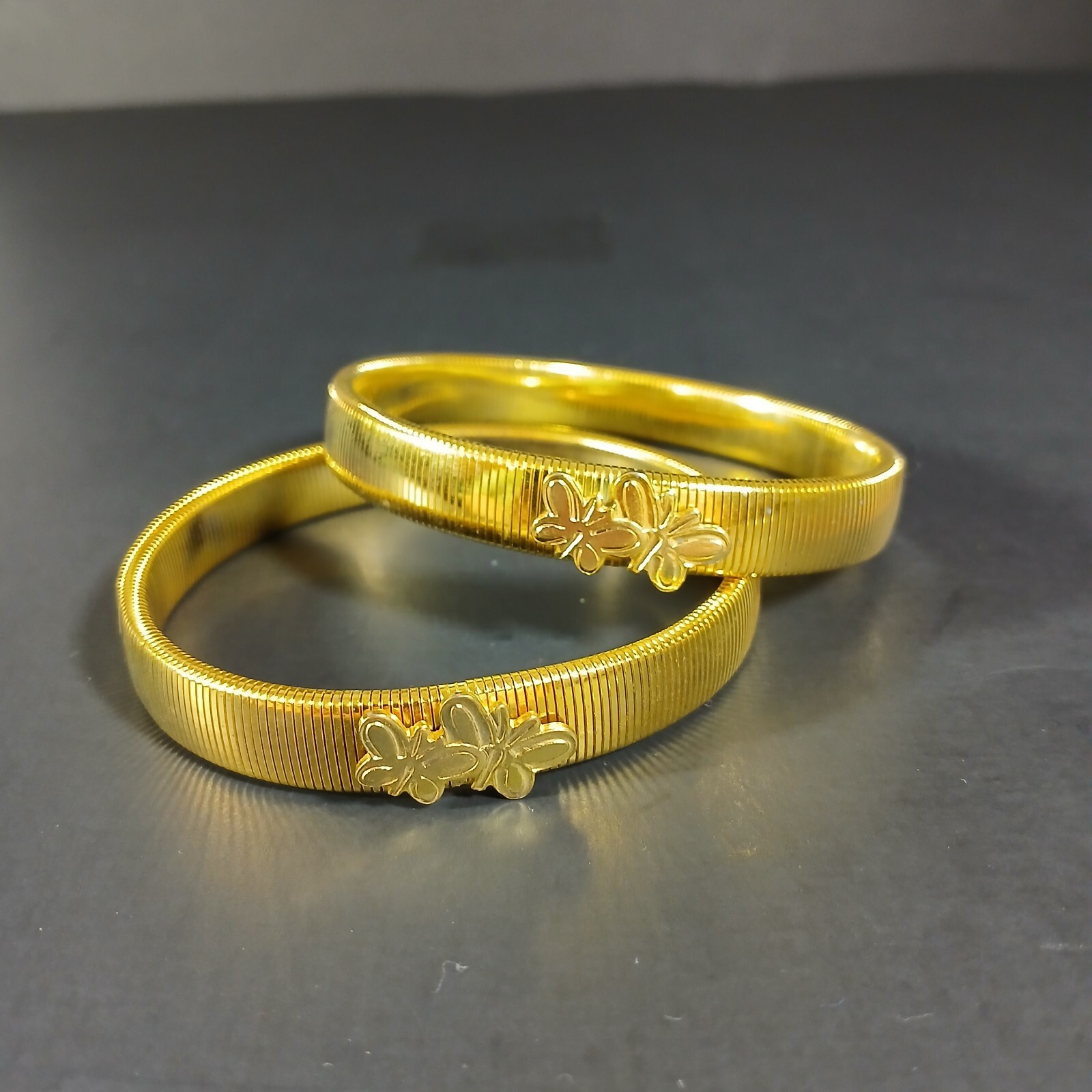 1960s Vintage Pair Cuff Rings with Butterflies Gold Tone Stretchy Statement