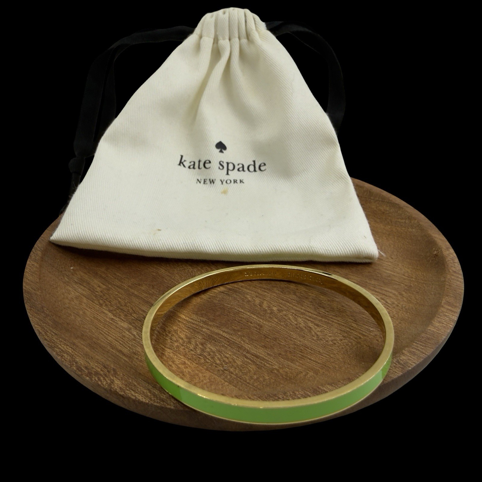 Vintage KATE SPADE Lime Green Enamel BANGLE Bracelet HAPPY-GO-LUCKY Gold Plated