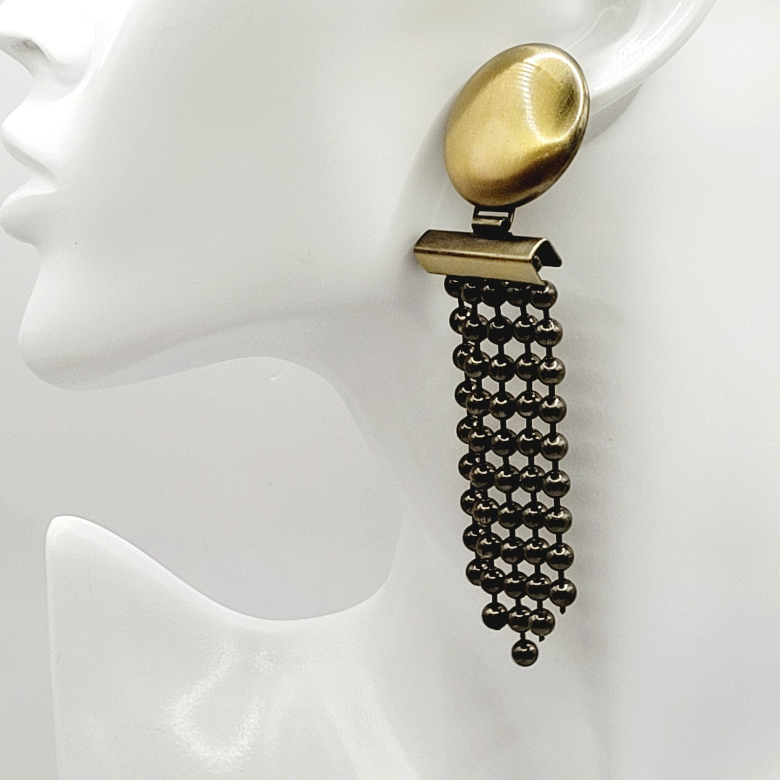Ball & Chain Fringe Brutalist Runway Style Mixed Metal Tone Vtg Pierced Earrings