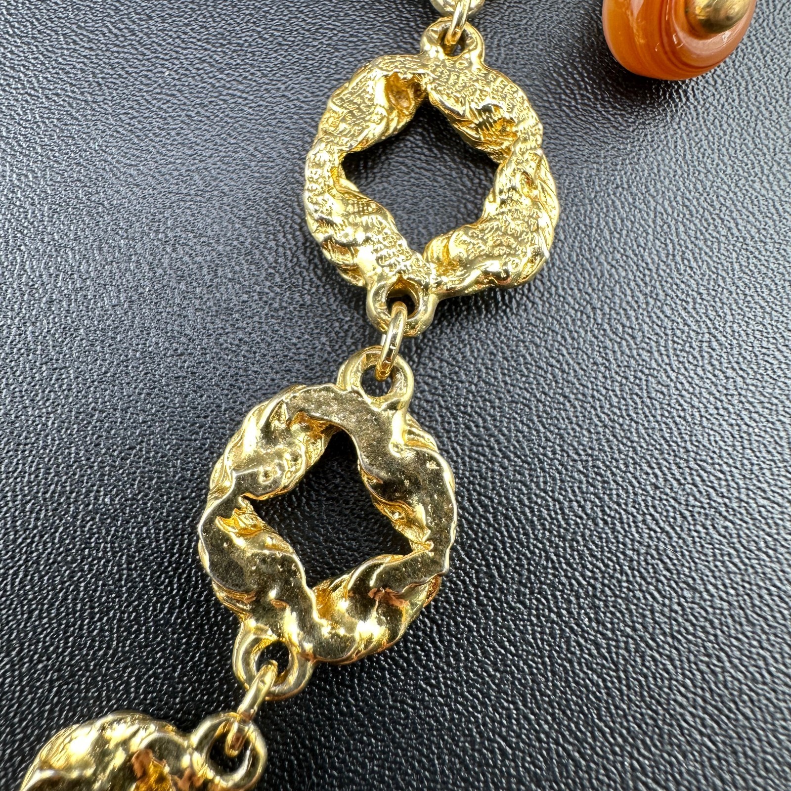 Vintage Statement Necklace Bib Fringe Hammered Gold Tone Link Agate Bead Dangles