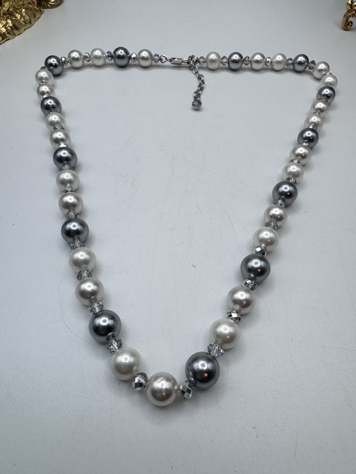 Vintage Elegant Gray and White Faux Pearl And. Crystals Necklace 16”- 18” Long