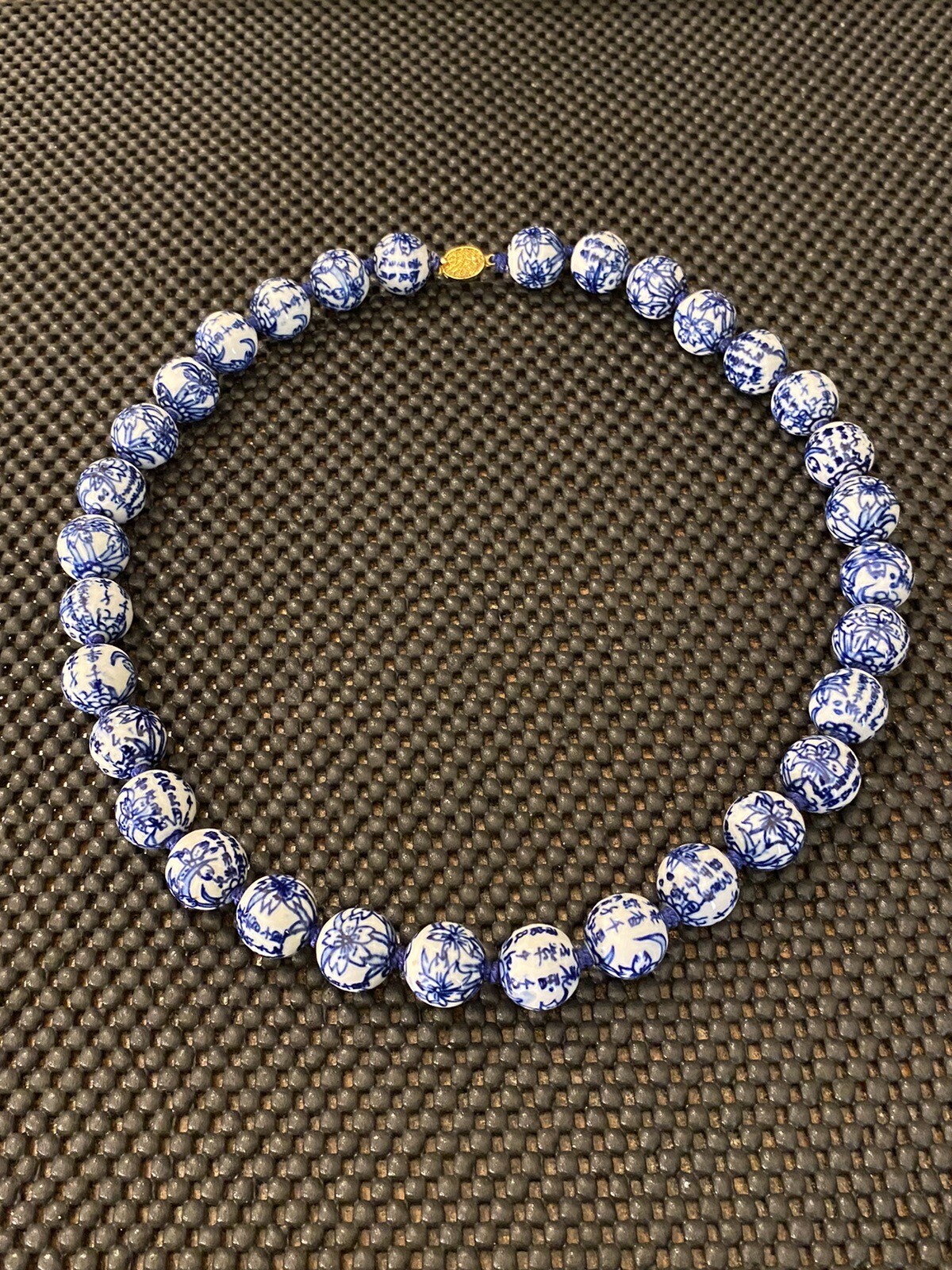 Vintage Chinese Export Blue White Large Porcelain Beaded Necklace Filigree Clasp
