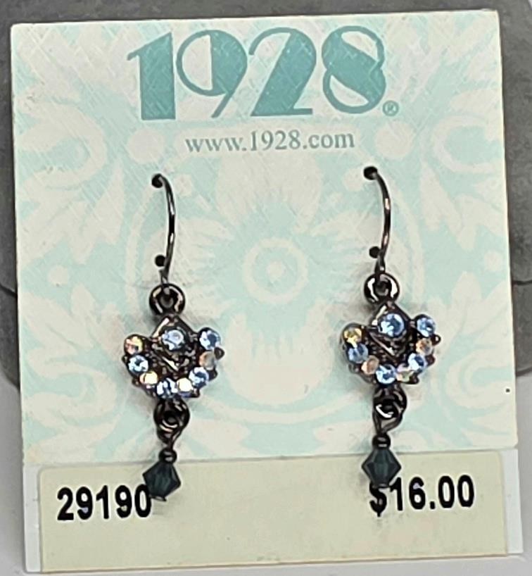 NEW ON CARD BLUE & CLEAR DANGLE 1928 EARRINGS GUN METAL SETTING~FREE US SHIP