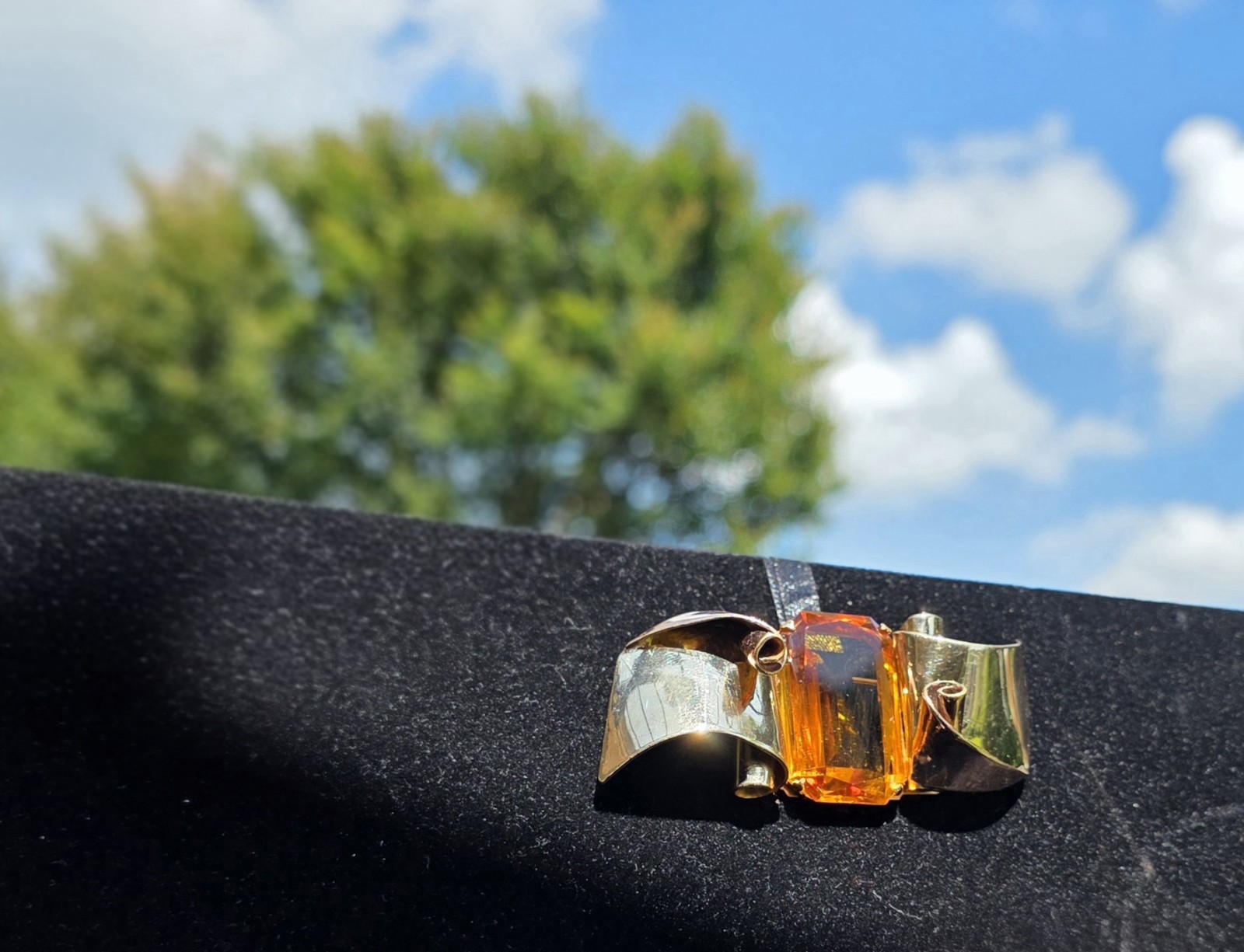 Coro Signed 1942 “Massive Wave” Brooch – Amber Glass – Designed byAdolph Katz
